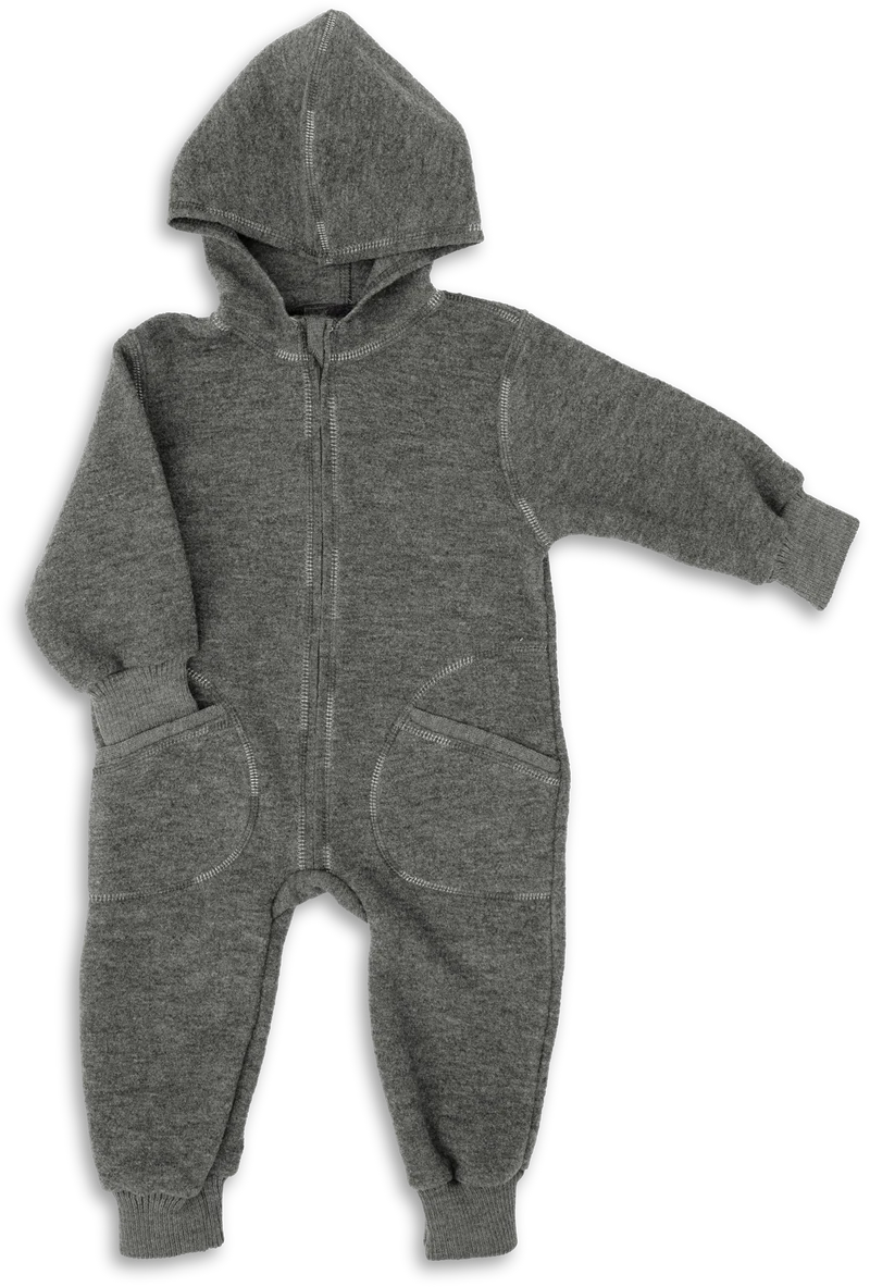 Engel Natur - Wol Baby Capuchon-overall met Rits - Lavagrijs Mélange