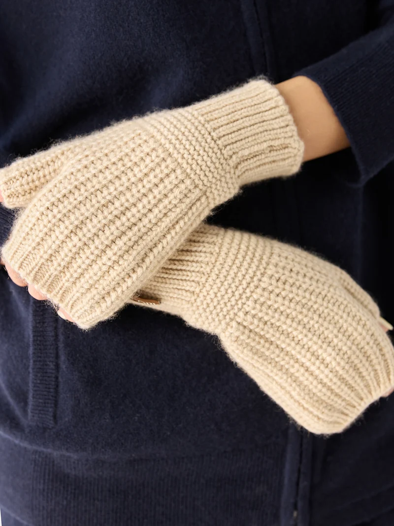 Natural Color Rib-Knit Cashmere Gloves