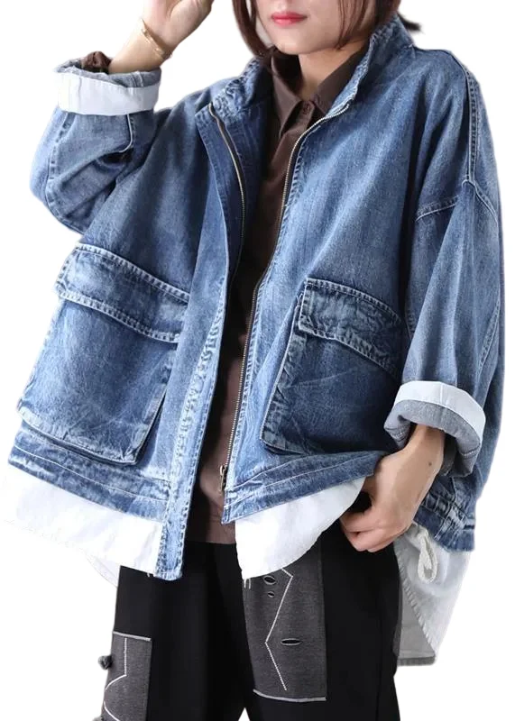 Dames Denimblauwe Jasje met Opstaande Kraag en Ritssluiting
