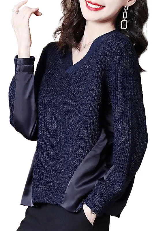 Dames Asymmetrische Gebreide Trui Marineblauw