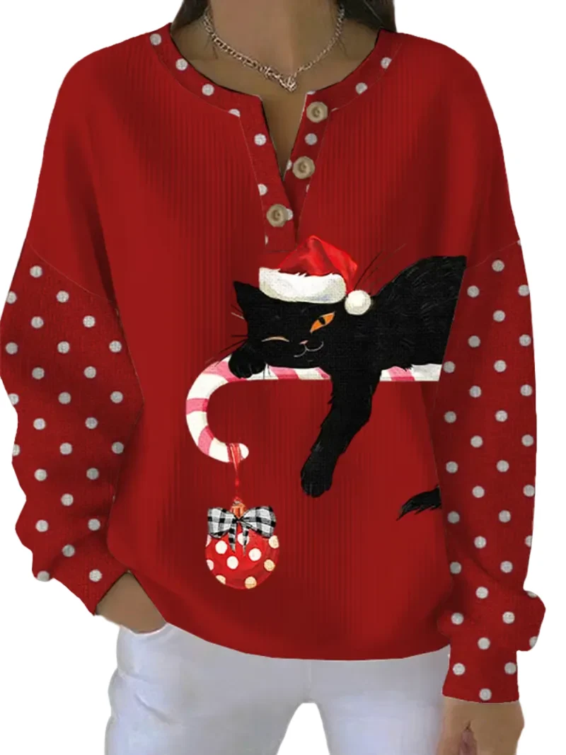 Dames Kersttrui met Speelse Kat en Knoopsluiting - Foute Kersttrui voor een Vrolijke Feestdagen