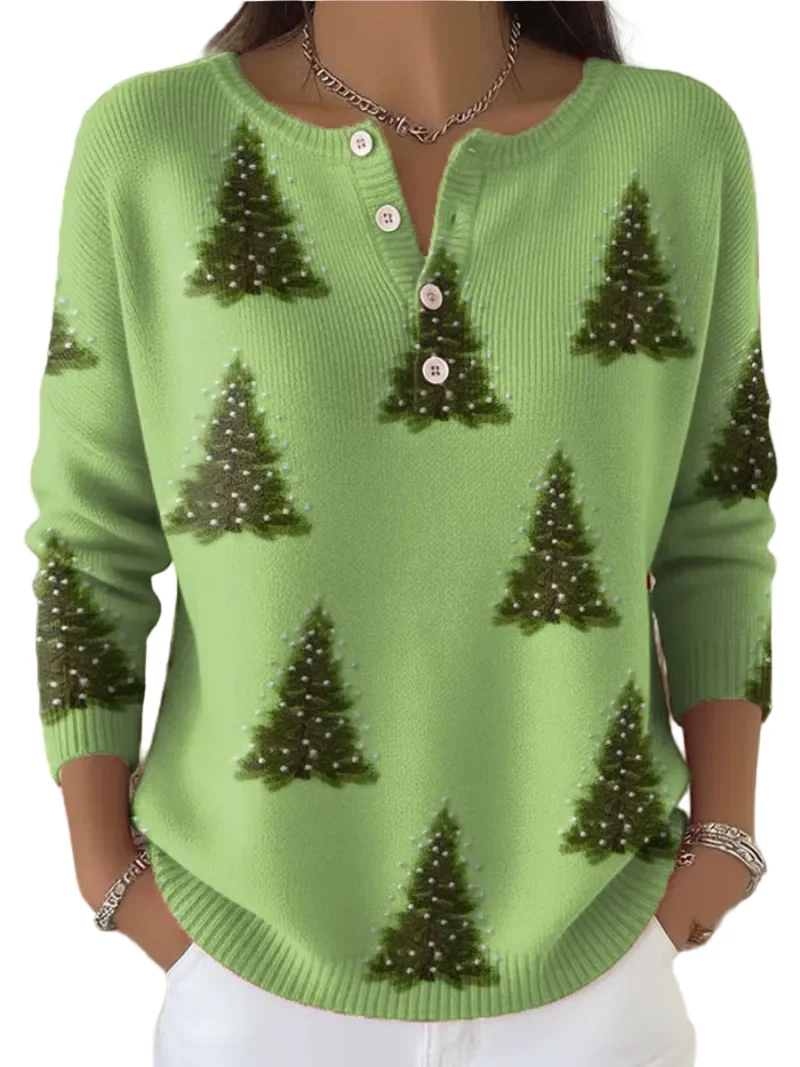 Dames Kersttrui met Knoopsluiting en Print
