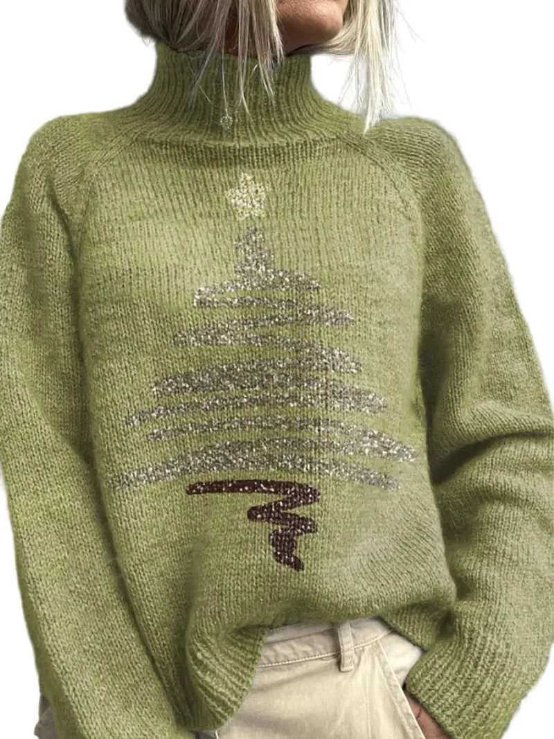 Dames Pullover met Hoge Kraag en Glinsterende Print