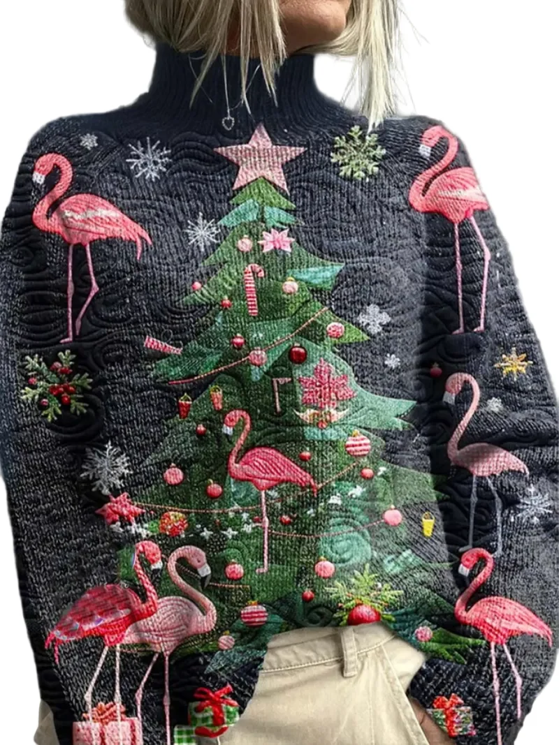 Dames Foute Kersttrui Met Flamingo's En Hoge Kraag