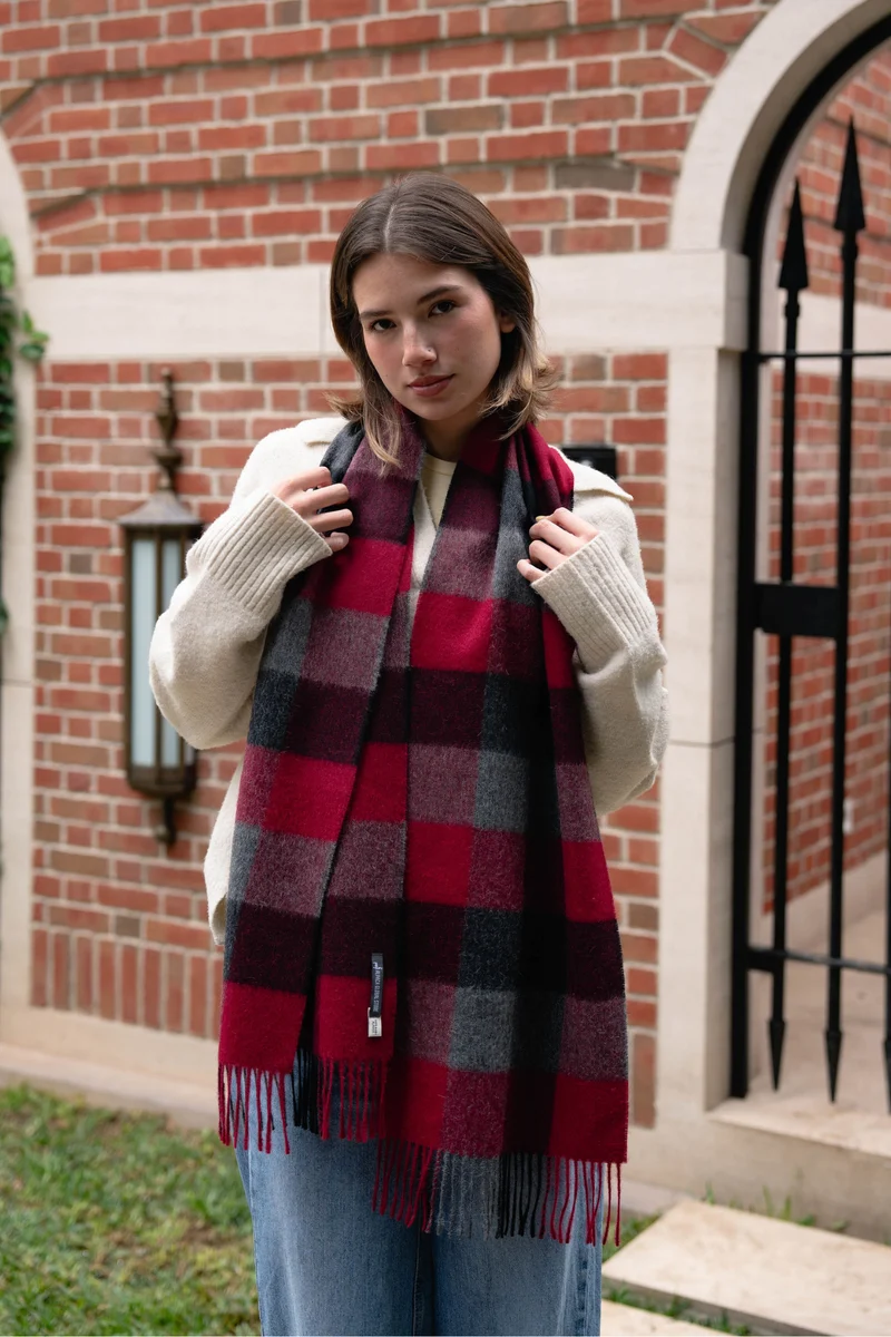RED PLAID SCARF - 100% BABY ALPACA