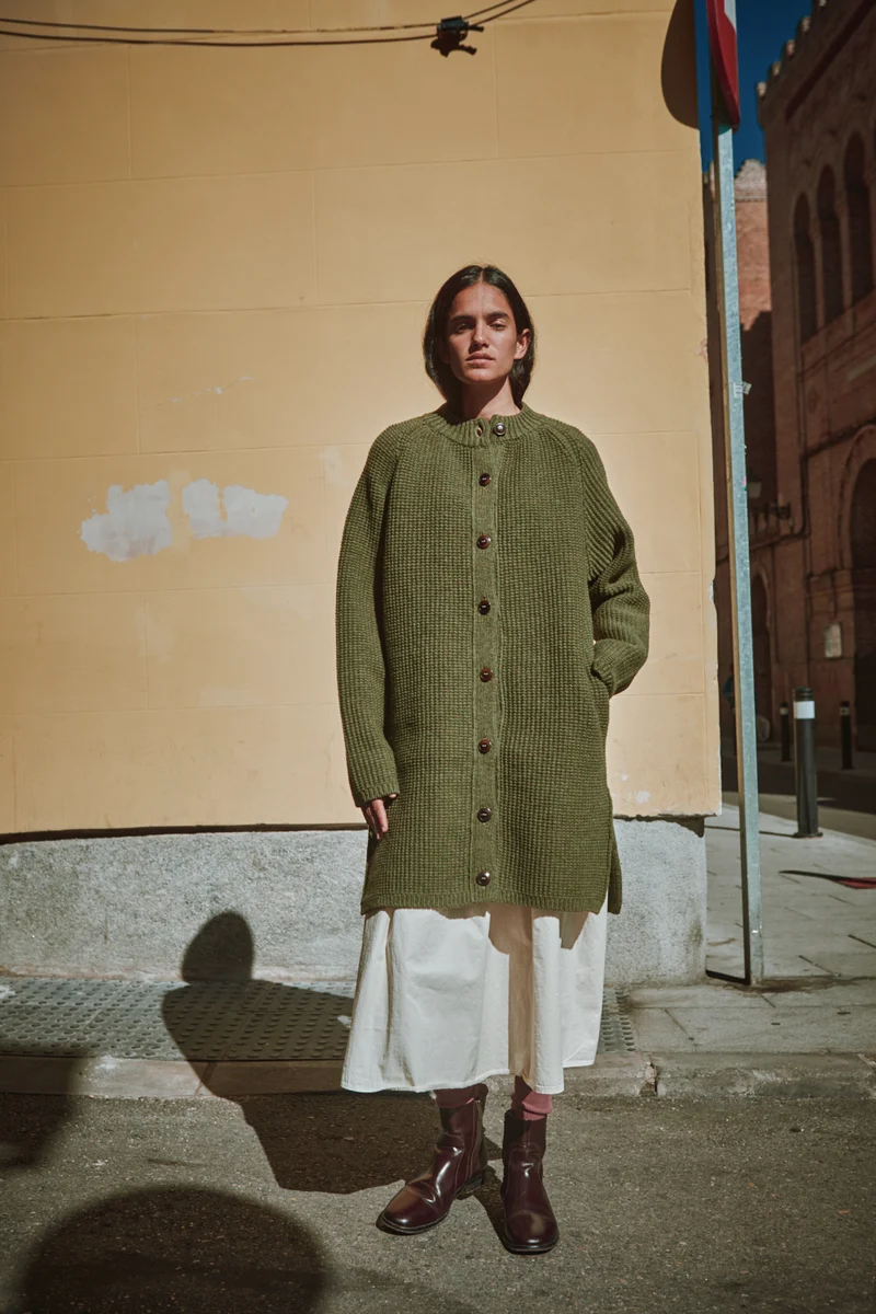 AGATHE Long Knit Jacket in Merino Wool - Olive Green