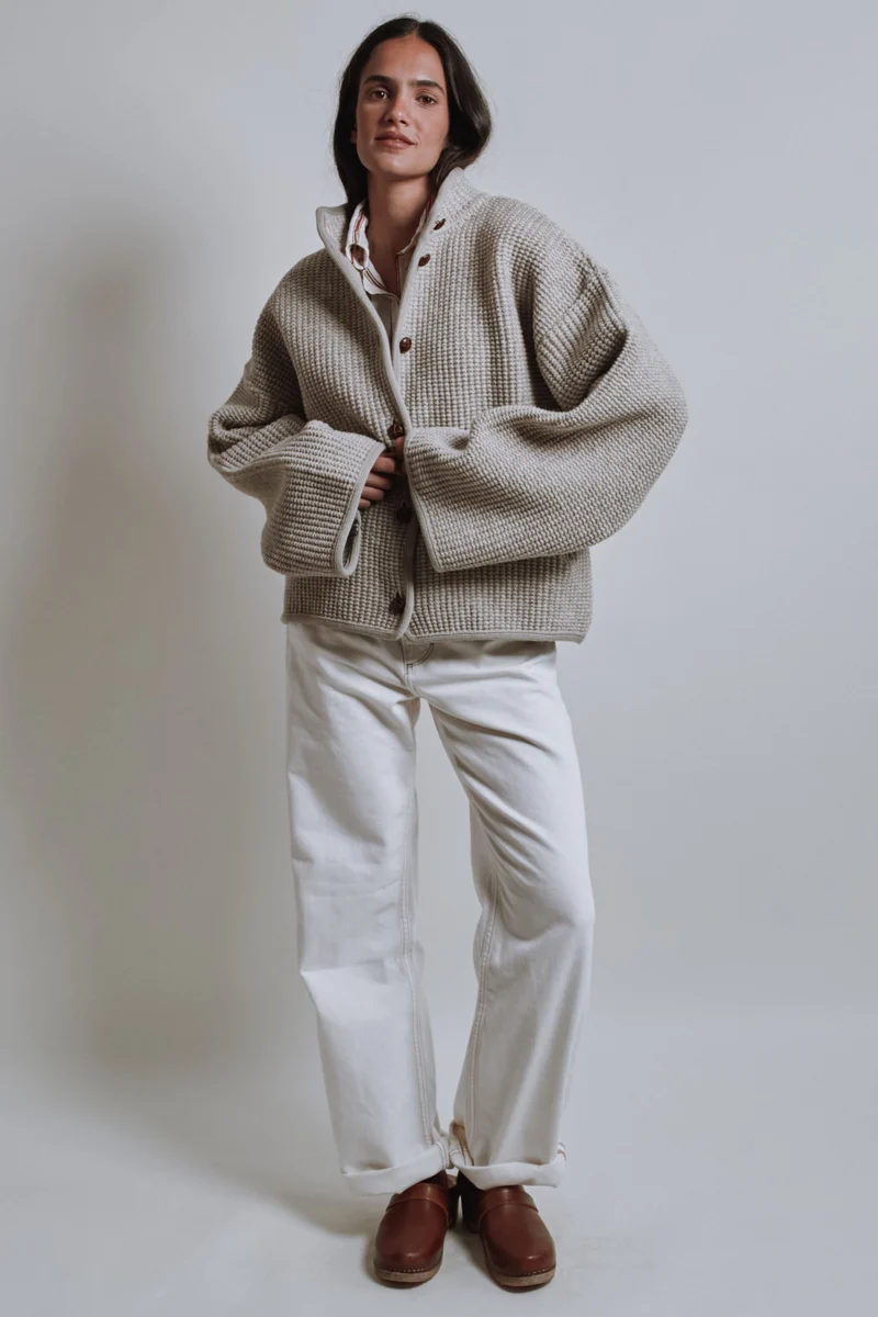 DELPHINE Bell-Sleeve Knit Jacket in Merino Wool - Beige