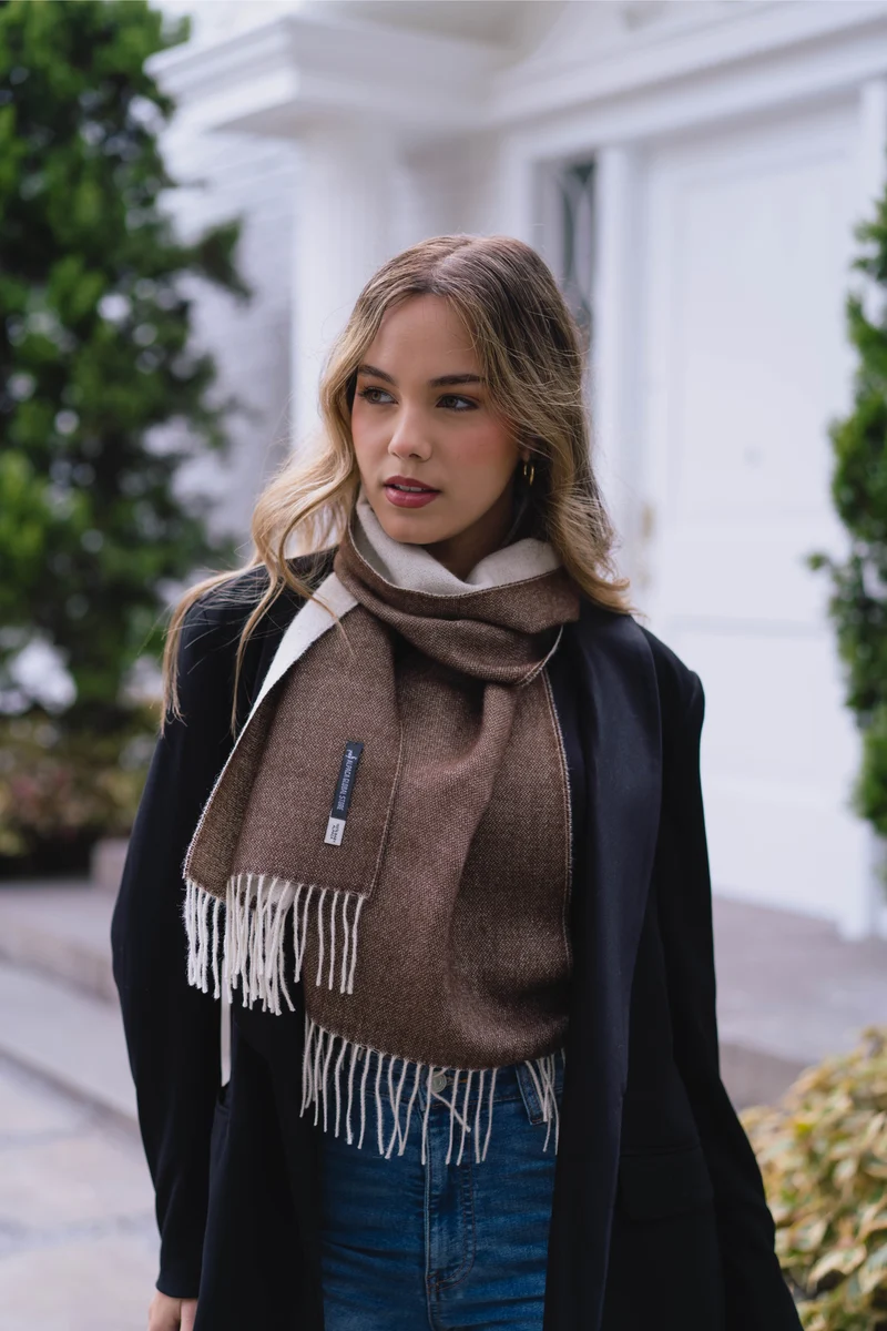 SCARF WHITE & BROWN - 100% BABY ALPACA