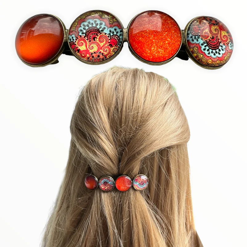 Color Hairclip XL glas cabochon haarspeld bruin orange ibiza print 0118.26