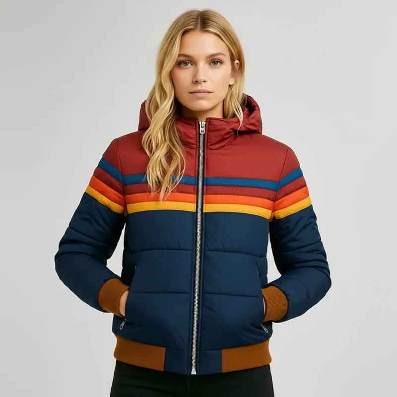 Retro Pufferjack met Warme Strepen – Kleurrijke Winterjas voor Dames