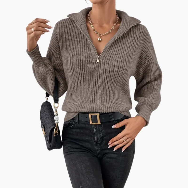Dames Gebreide Trui met Halfzip en Ribbende Stiksels