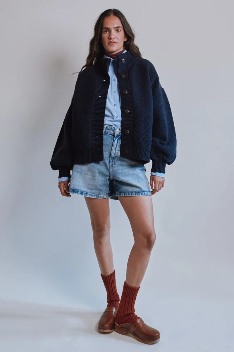 GEORGE High-Neck Jacket in Merino Wool - Navy Blue
