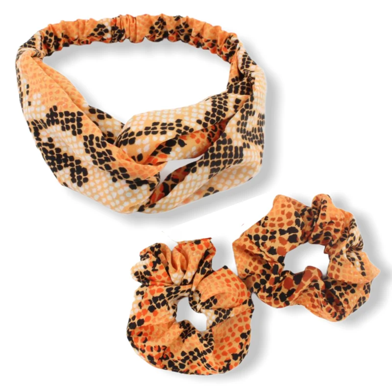 Set oranje print haarband / bandana met 2 scrunchies