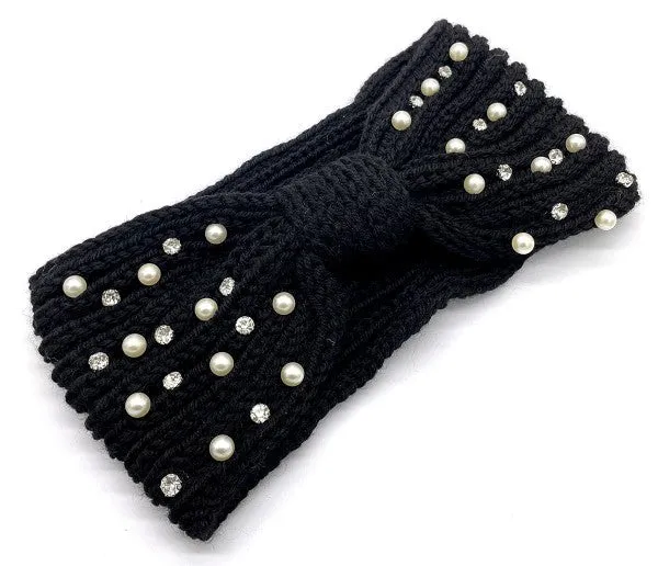 Zwarte haarband / oorwarmer met parels
