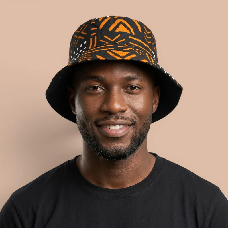 Bucket hat / Vissershoedje met Afrikaanse print - Zwart Oranje Bogolan Symbols - Kinderen & Volwassenen (Unisex)