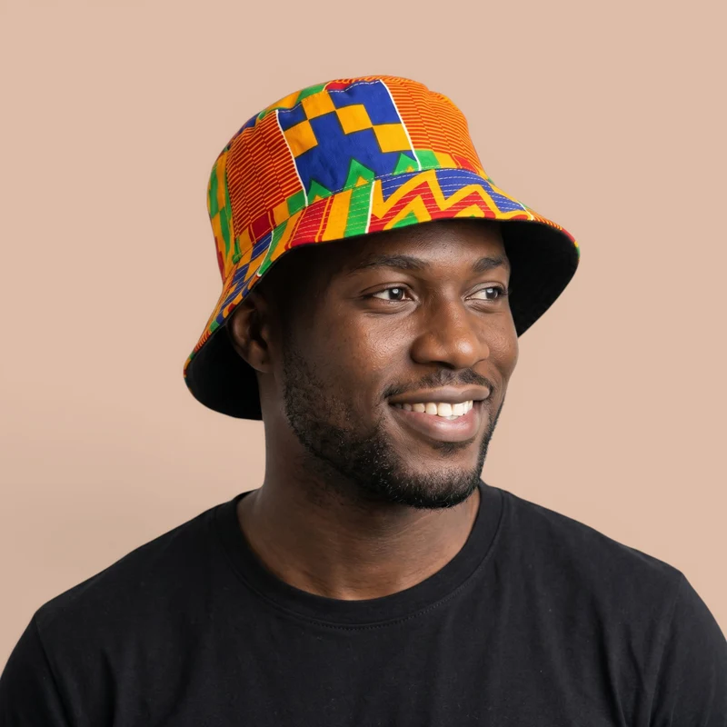 Bucket hat / Vissershoedje met Afrikaanse print - Geel Blauw Kente - Kinderen & Volwassenen (Unisex)