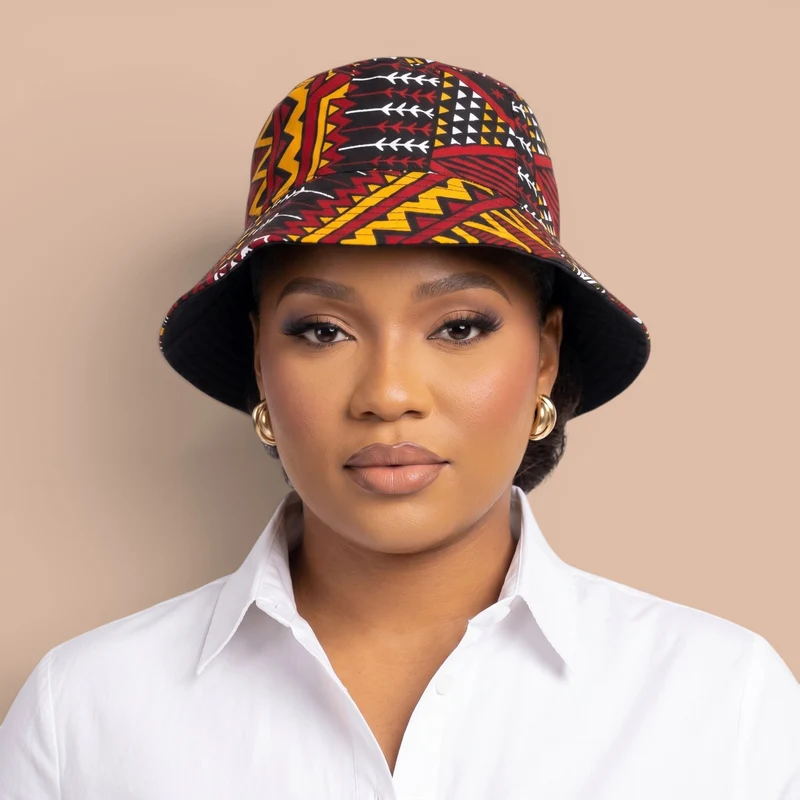 Bucket hat / Vissershoedje met Afrikaanse print - Rood Bordeaux Earth Heritage - Kinderen & Volwassenen (Unisex)