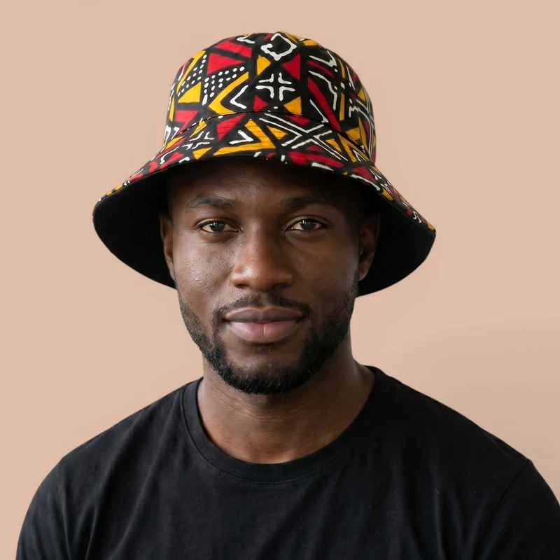 Bucket hat / Vissershoedje met Afrikaanse print - Rood Bogolan Geometry - Kinderen & Volwassenen (Unisex)
