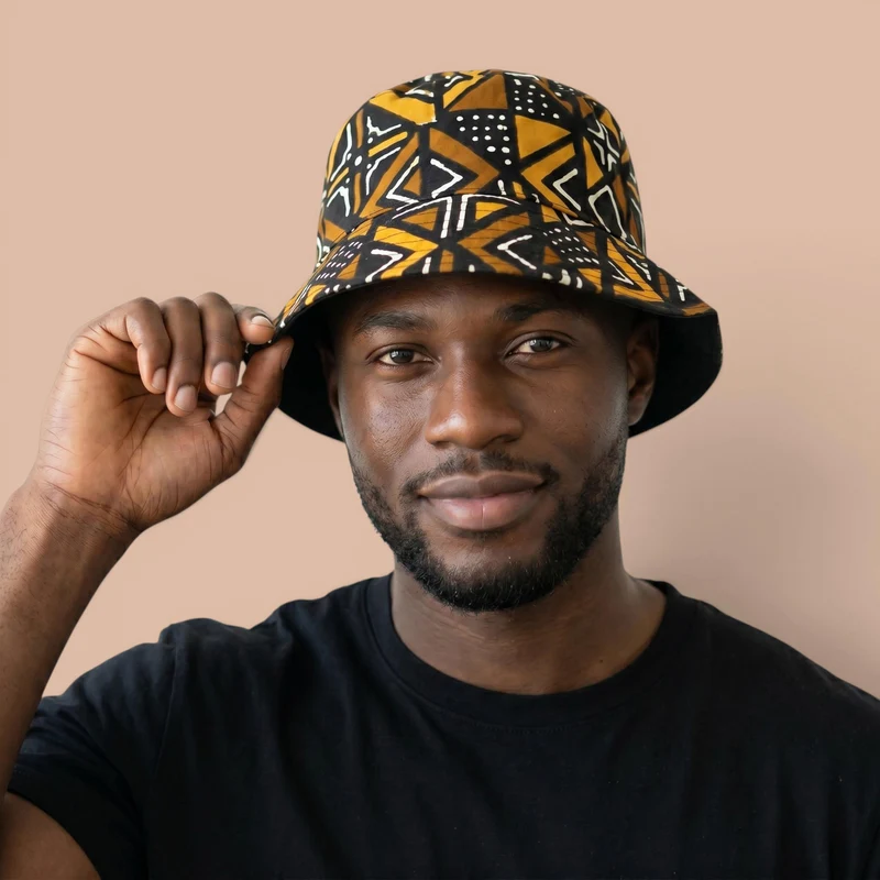 Bucket hat / Vissershoedje met Afrikaanse print - Bruin Bogolan Geometry - Kinderen & Volwassenen (Unisex)