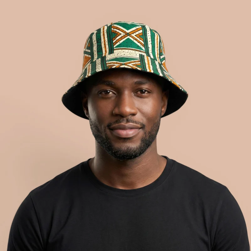 Bucket hat / Vissershoedje met Afrikaanse print - Groen Bogolan Heritage - Kinderen & Volwassenen (Unisex)
