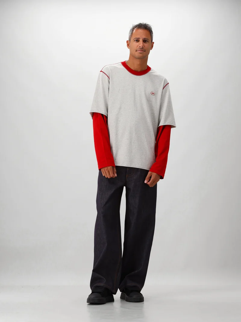 AMI Paris Double Sleeve Grijs/Rood AMI Bouclette Oval Patch