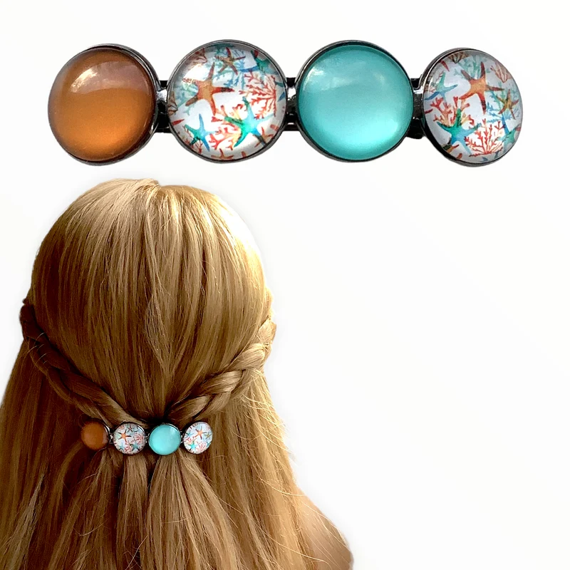 Color Hairclip haarspeld Ibiza style turquoise bruin print XL