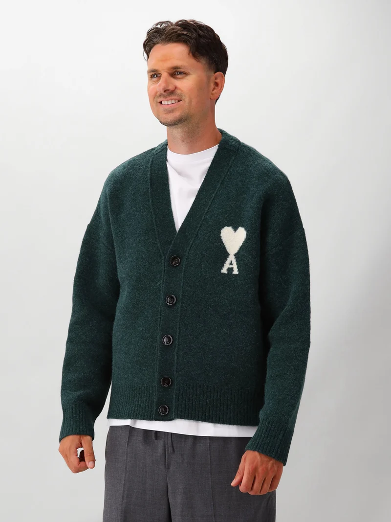 AMI Paris Gebreid Vest Groen Cardigan With Ami De Coeur