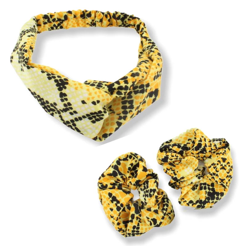 Set geel print haarband / bandana met 2 scrunchies