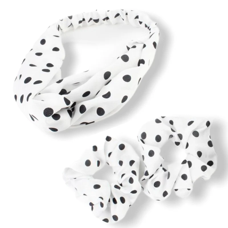 Set wit met zwarte dots haarband / bandana met 2 scrunchies