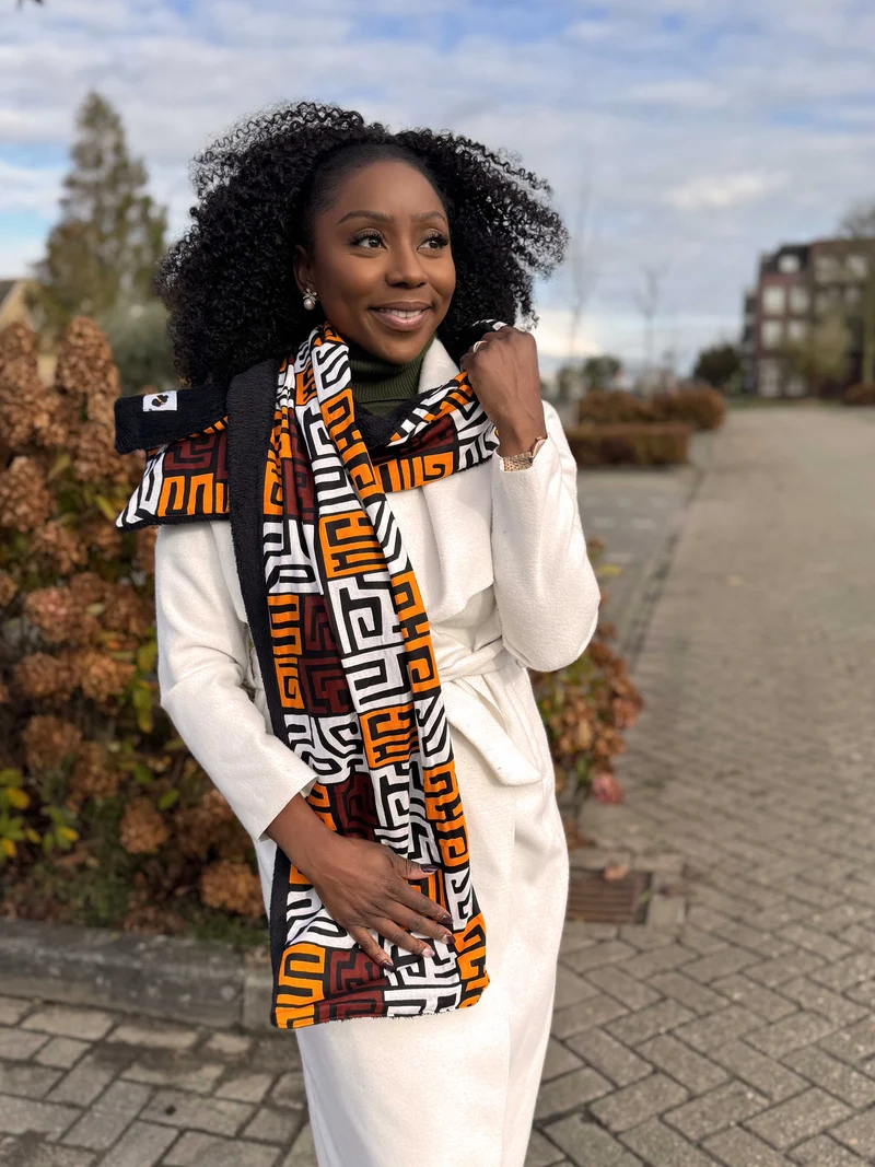 Warme Afrikaanse print sjaal Unisex - Smal model - Bruin Kuba Blokken