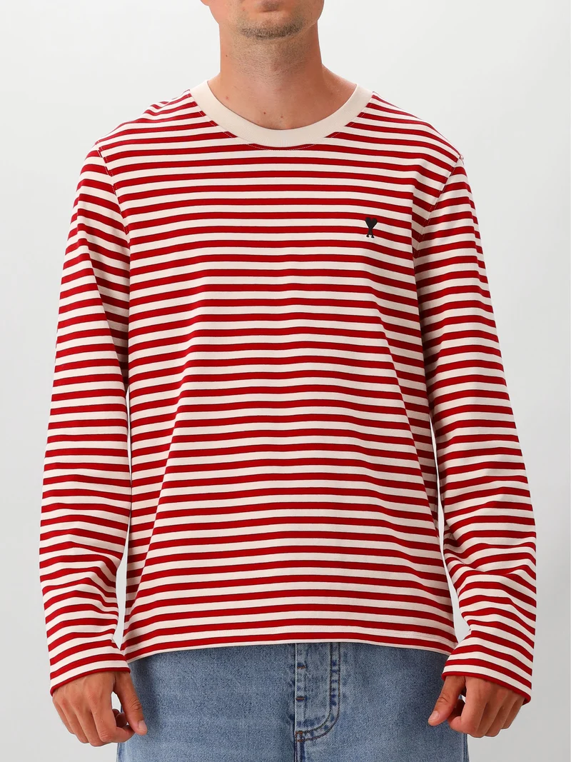 AMI Paris Longsleeve Rood Striped Ami De Coeur Embroidery