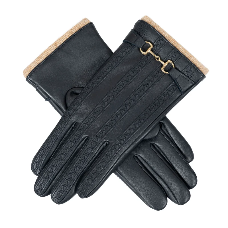 Dames touchscreen waterbestendige leren handschoenen met wollen voering, snaffel- en stikdetail