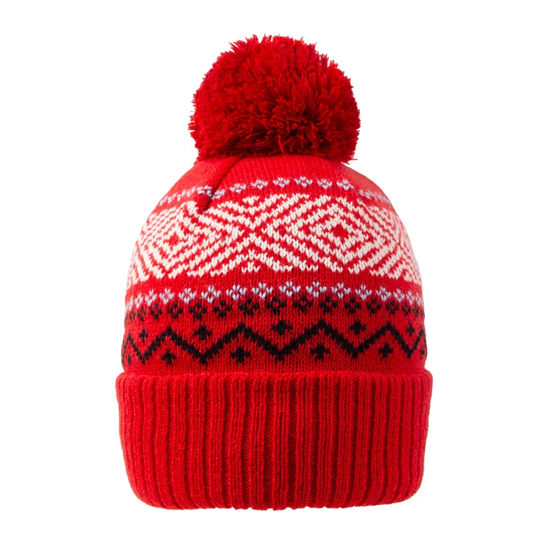 Dames Jacquard Gebreide Bobble Muts met Geometrisch Patroon en Imitatiebont Pompon