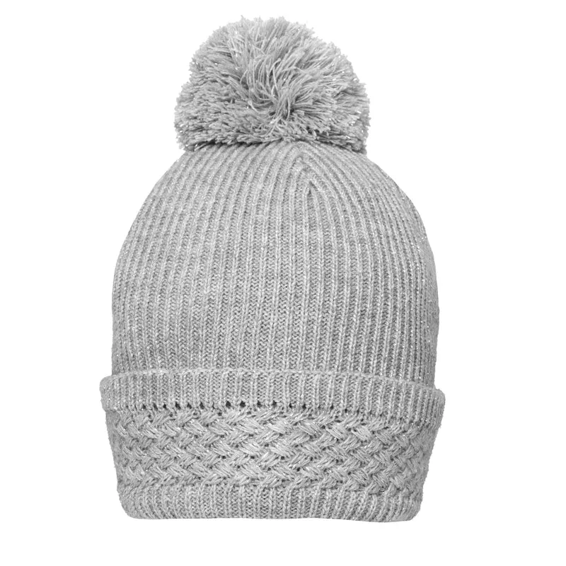 Dames geribbelde gebreide bobblemuts met metallic garen en garen pompon