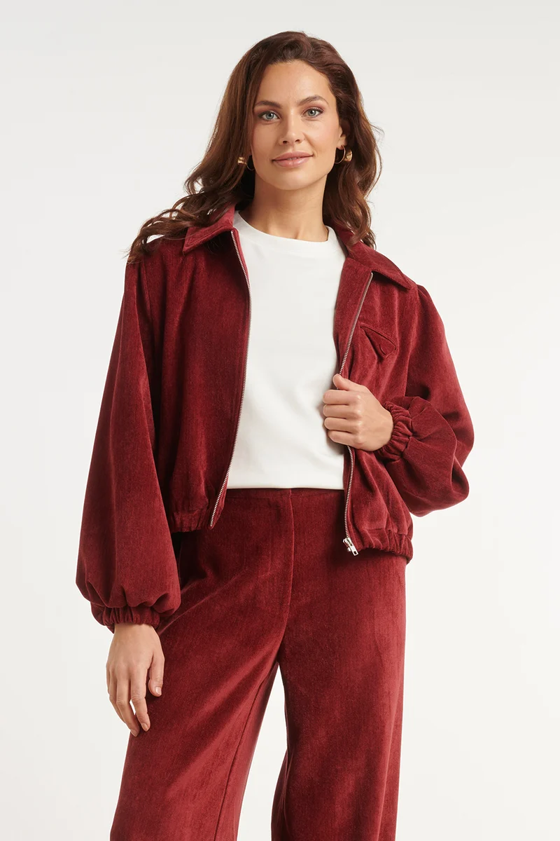 Velours Bomberjack Met Ritssluiting | Bordeaux