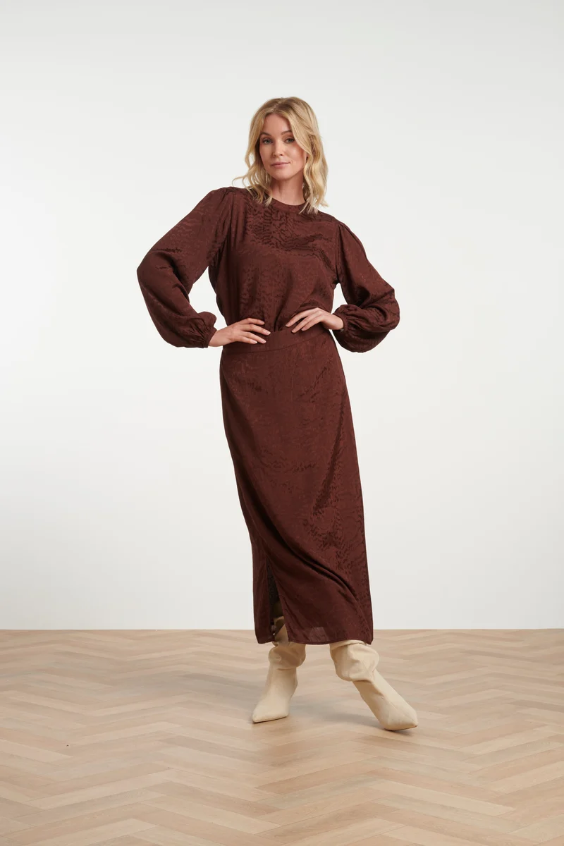 Satijnen Midi Rok Met Subtiel Animal Patroon | Brown