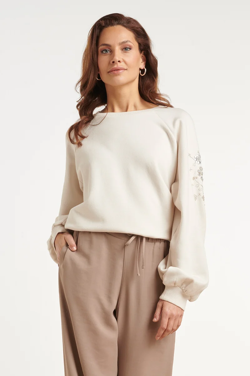 Sweater Met Decoratieve Bloemborduursels | Off White - Silver