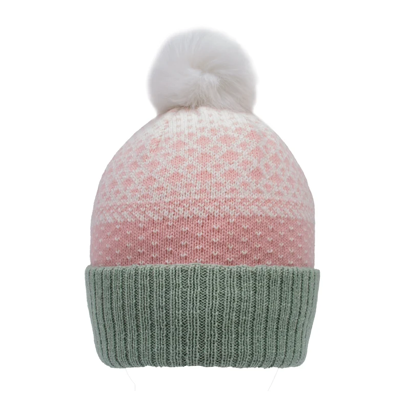 Dames Jacquard Gebreide Bobble Muts met Polkadotpatroon en Nepbont Pompon