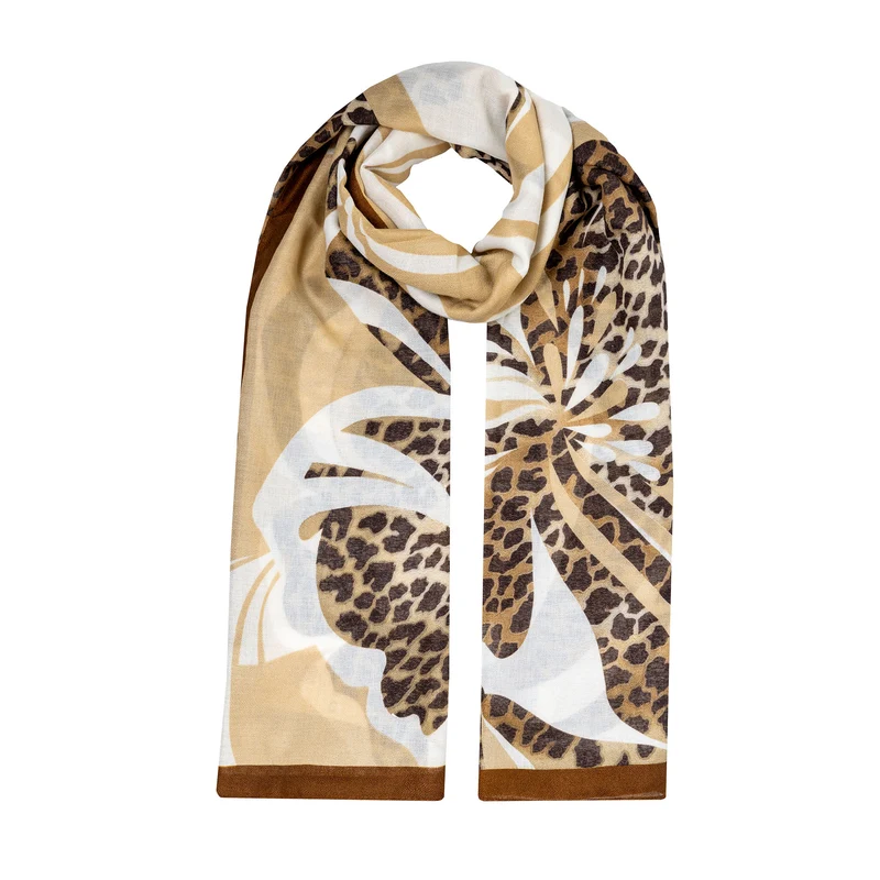Dames lichte sjaal met bloemen- en luipaardprint en rand