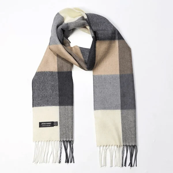 Merino Wollen Sjaal | Beige Grijs Geblokt
