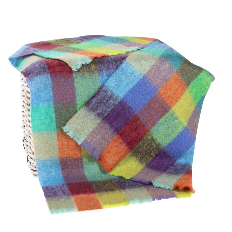 Wollen Mohair Plaid | Blauw Oranje Geblokt